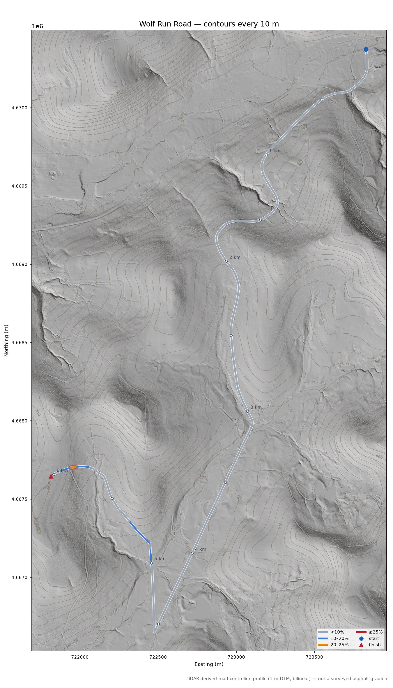 Wolf Run Road LiDAR hillshade map with contours