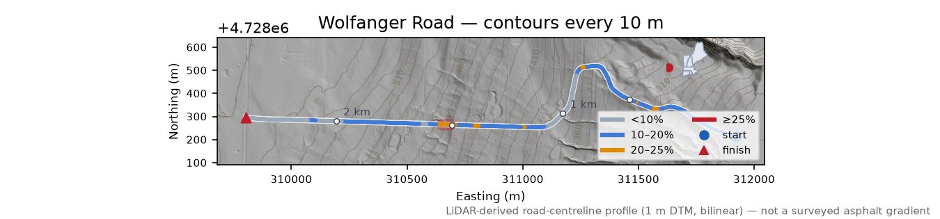 Wolfanger Road LiDAR hillshade map with contours