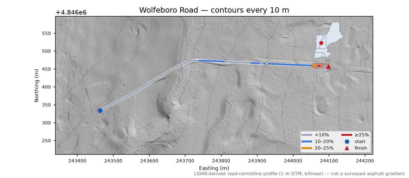 Wolfeboro Road LiDAR hillshade map with contours