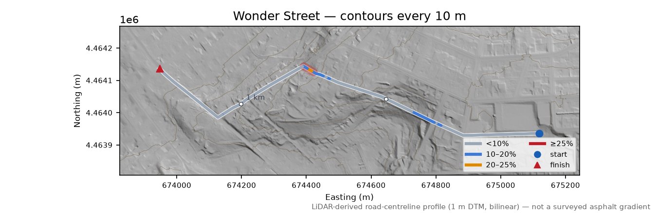 Wonder Street LiDAR hillshade map with contours