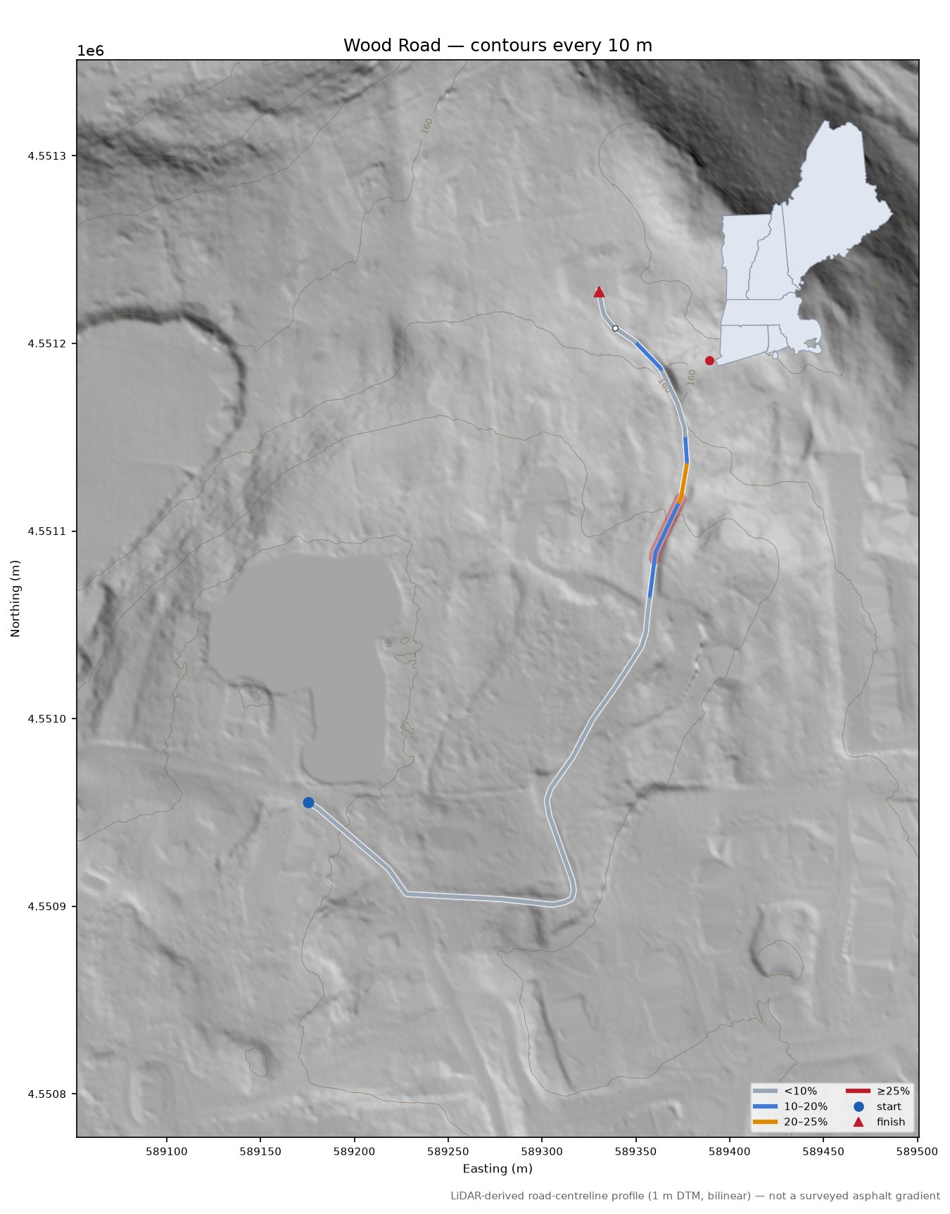 Wood Road LiDAR hillshade map with contours