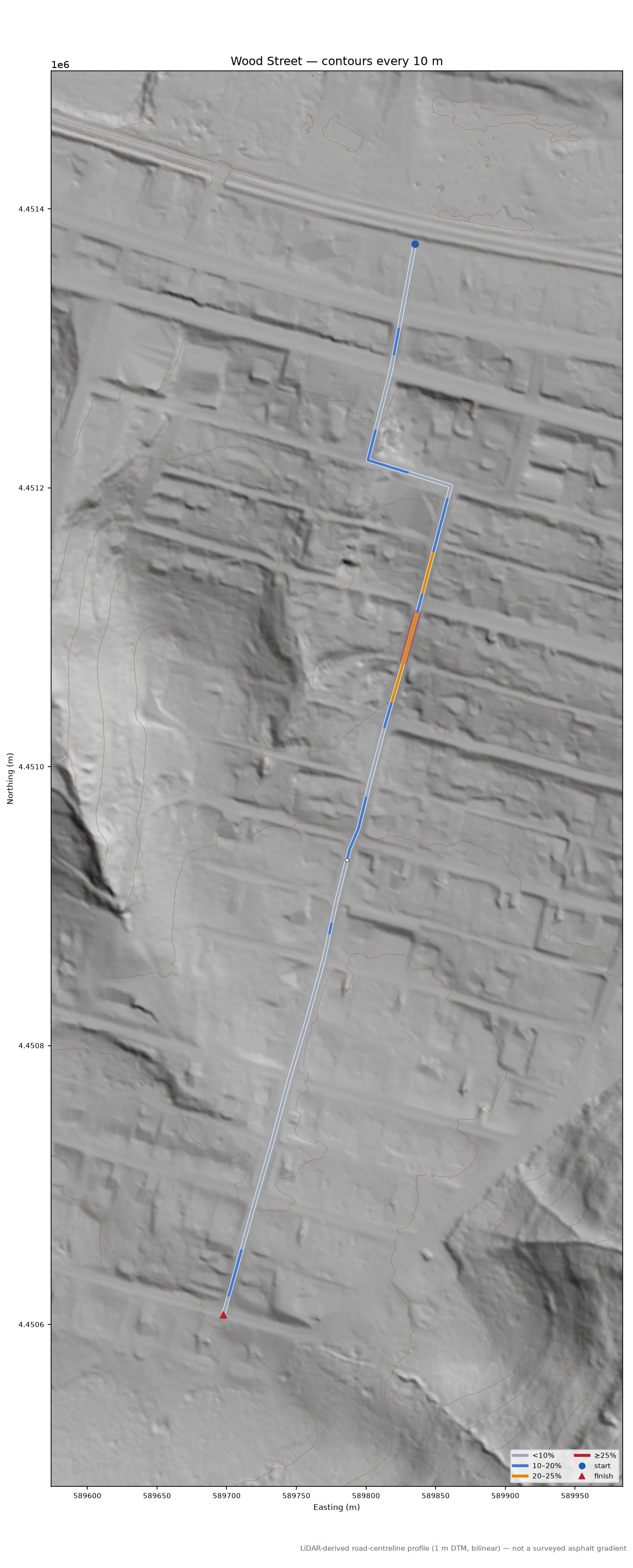 Wood Street LiDAR hillshade map with contours