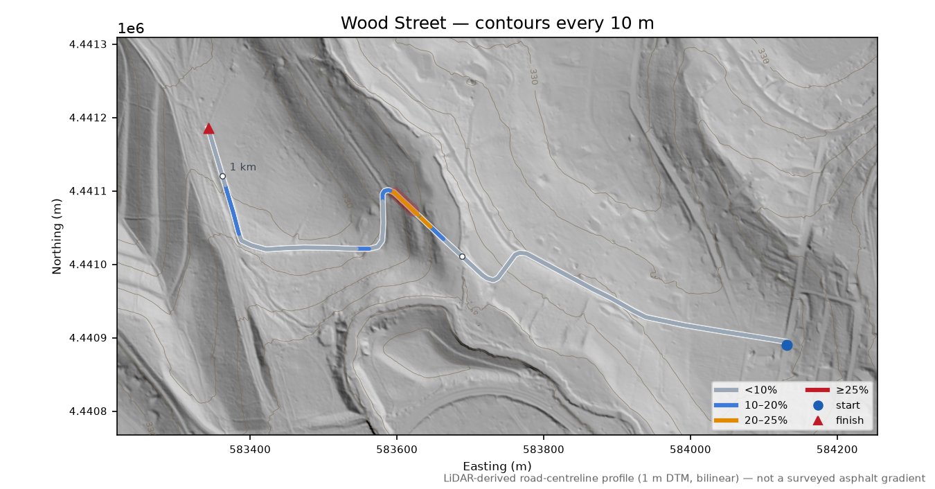Wood Street LiDAR hillshade map with contours