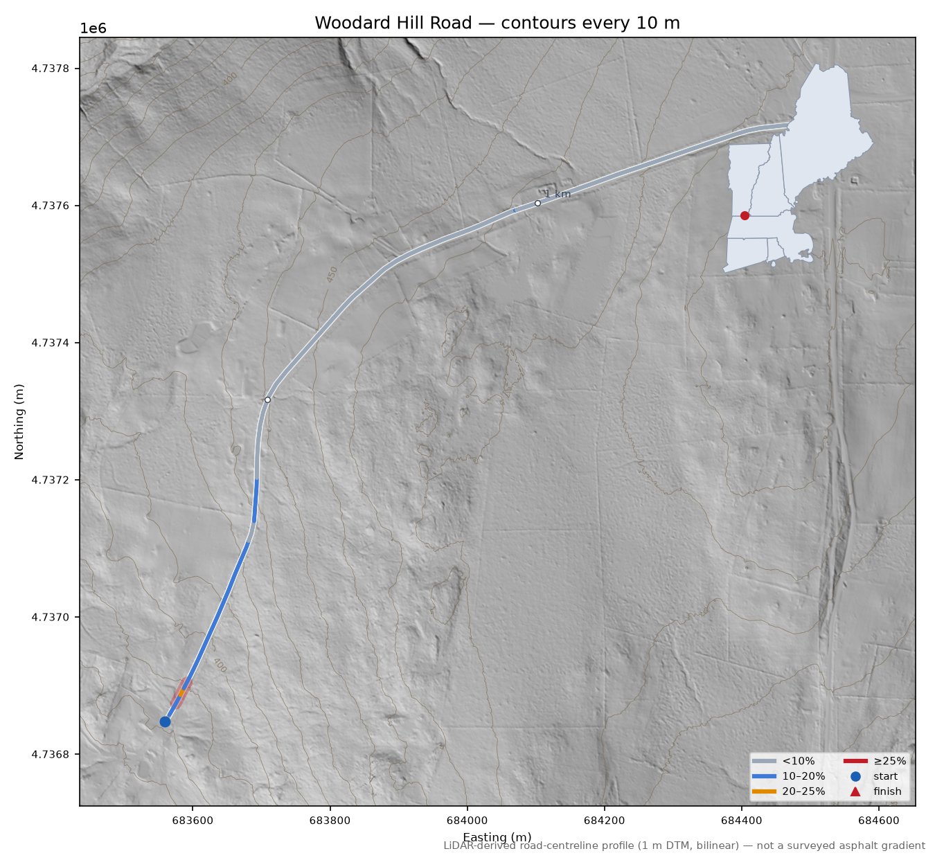 Woodard Hill Road LiDAR hillshade map with contours