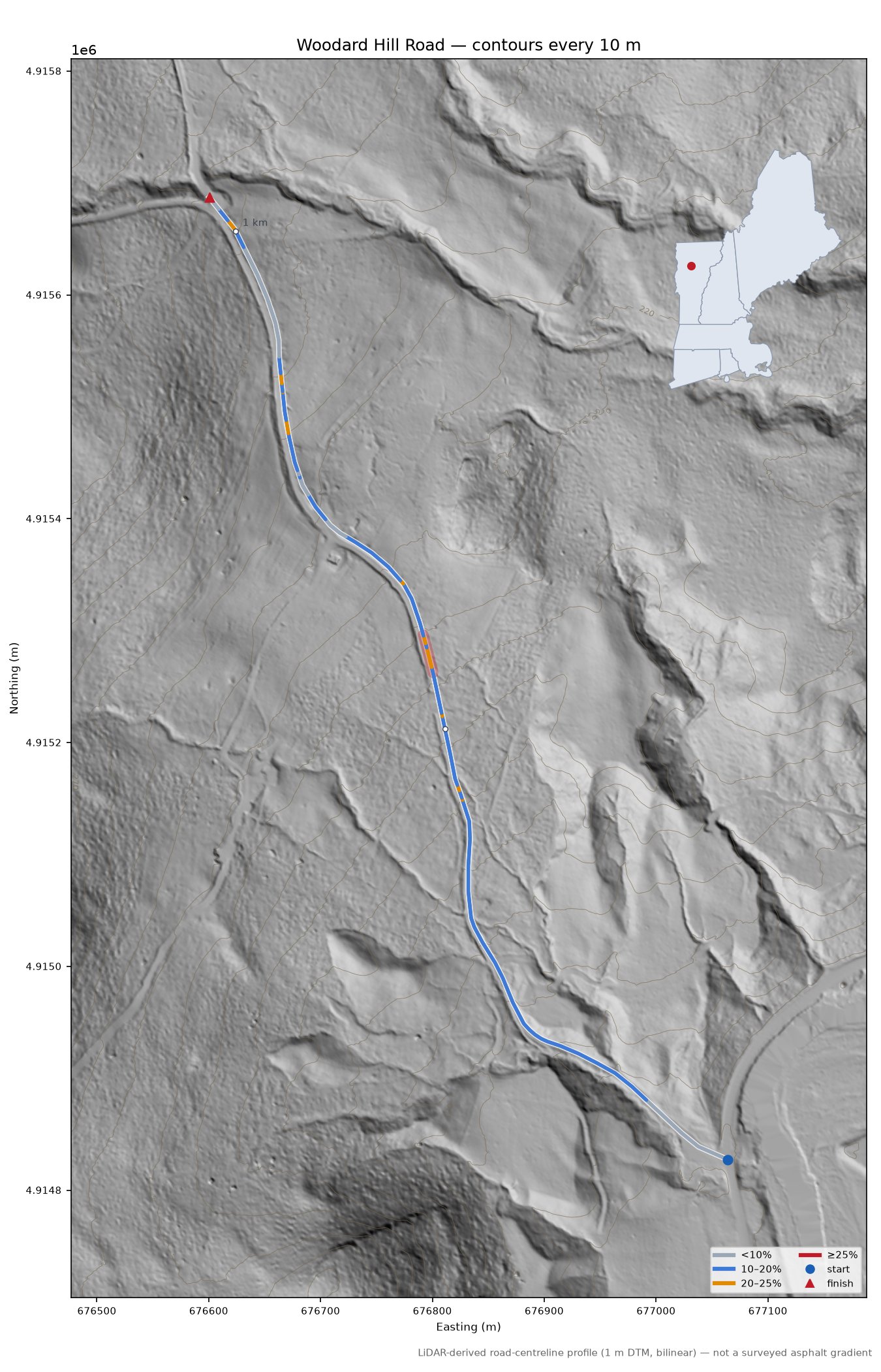 Woodard Hill Road LiDAR hillshade map with contours