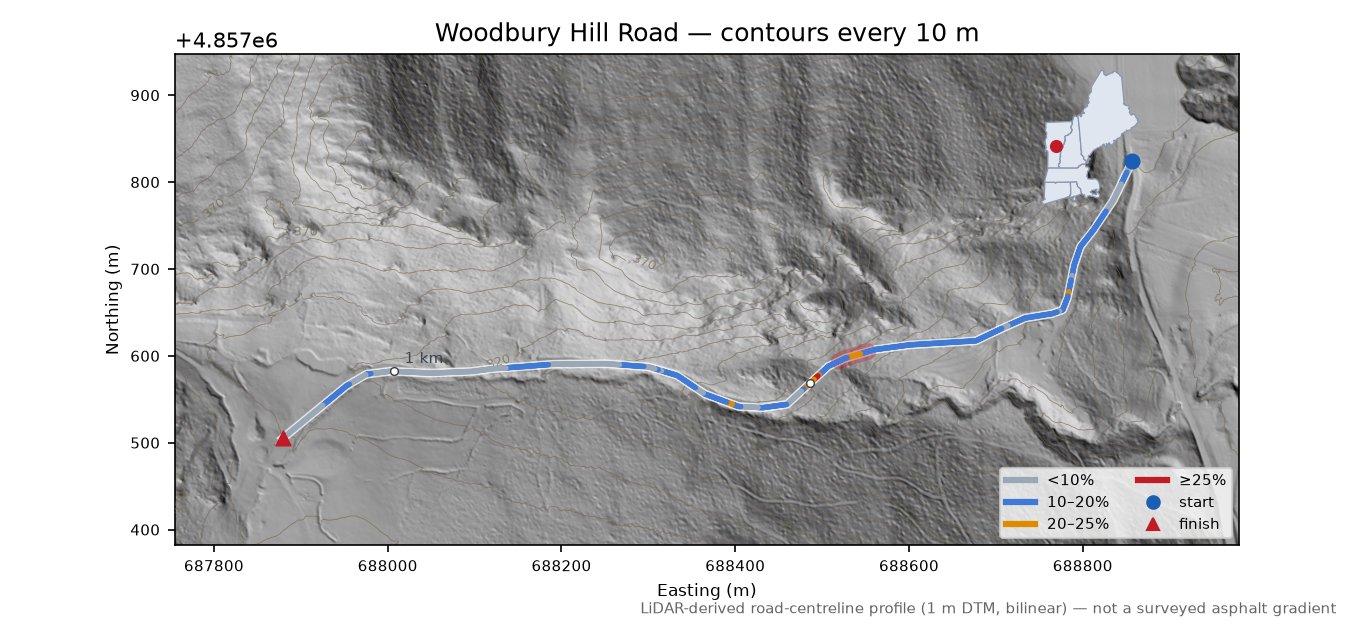 Woodbury Hill Road LiDAR hillshade map with contours