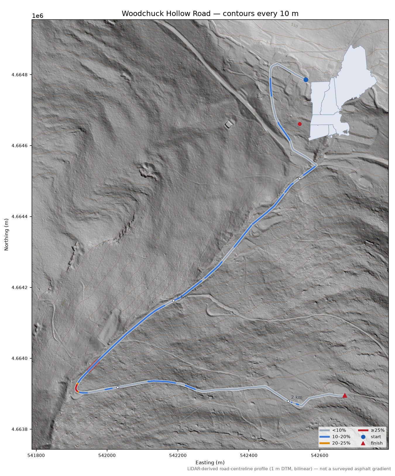 Woodchuck Hollow Road LiDAR hillshade map with contours