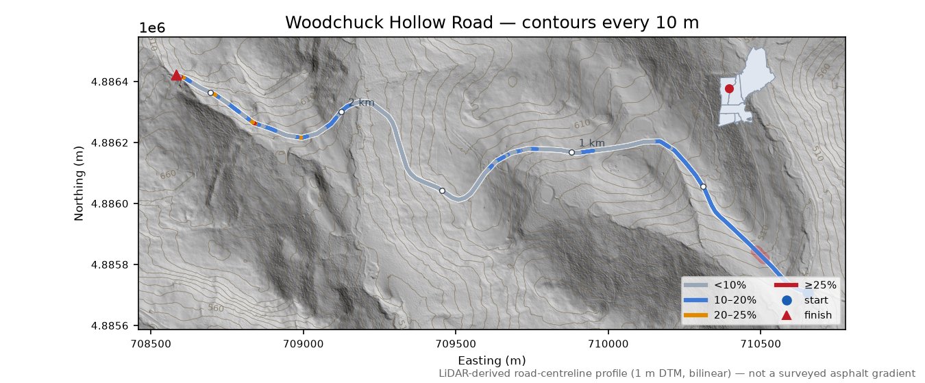 Woodchuck Hollow Road LiDAR hillshade map with contours