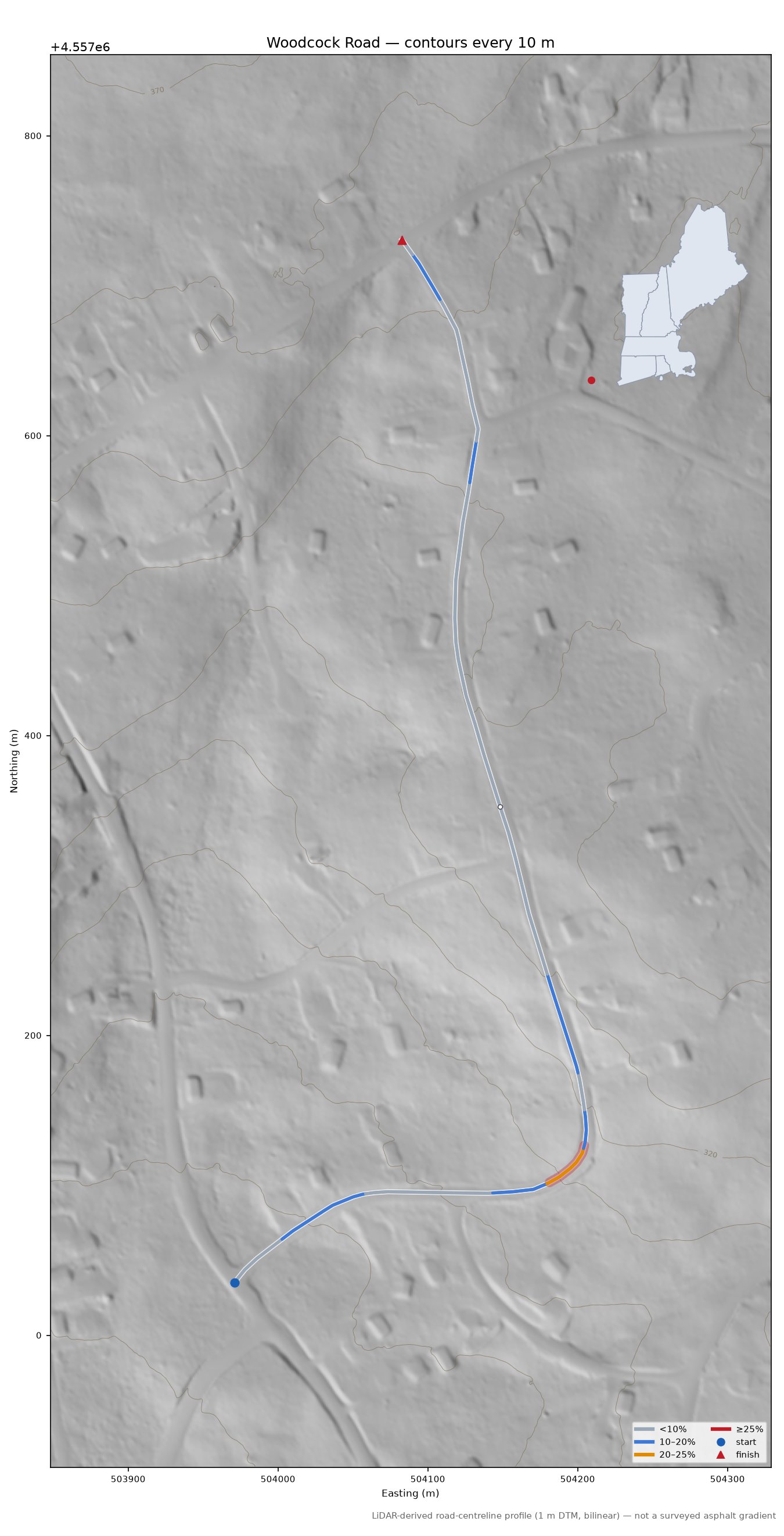 Woodcock Road LiDAR hillshade map with contours