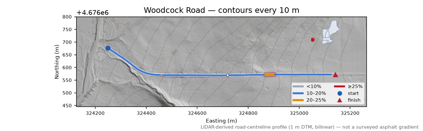 Woodcock Road LiDAR hillshade map with contours