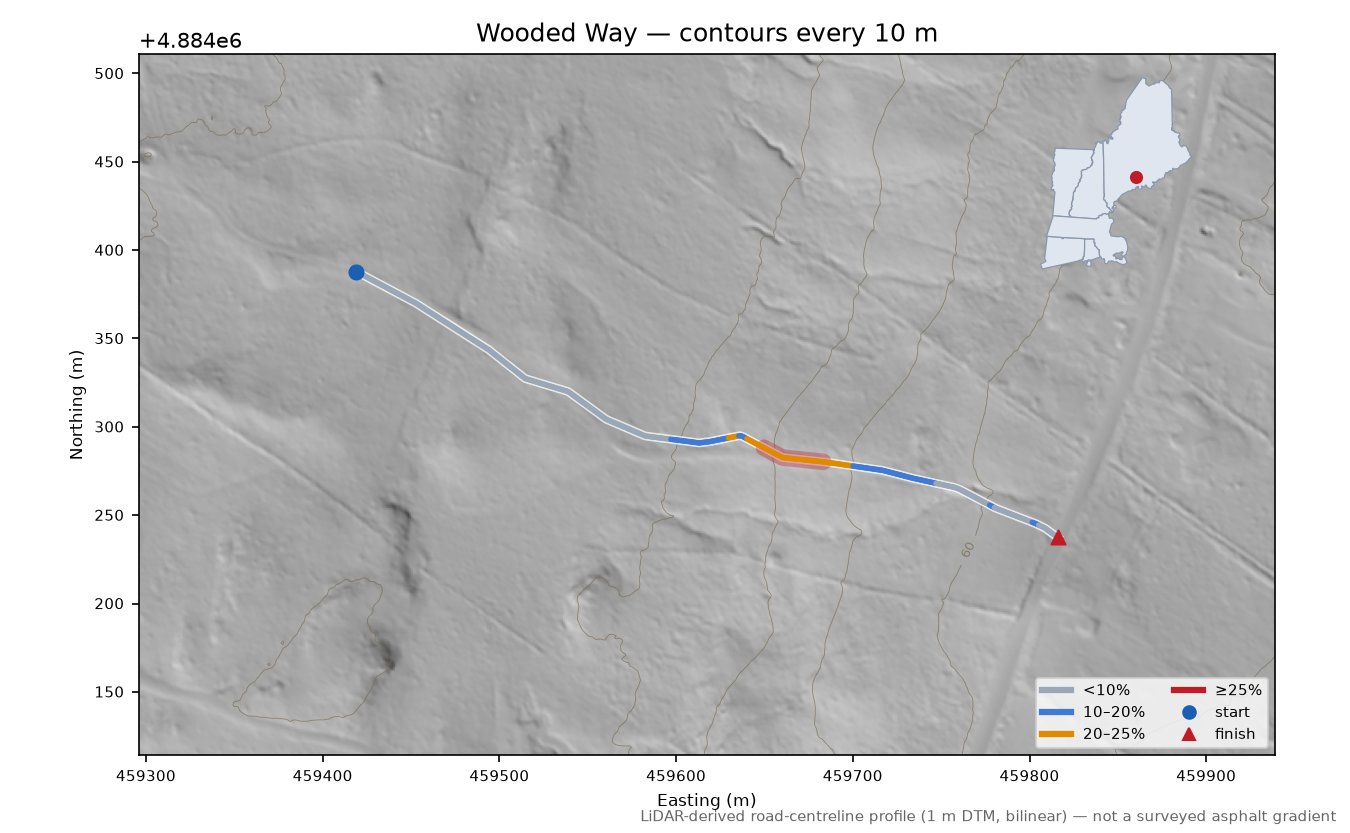 Wooded Way LiDAR hillshade map with contours
