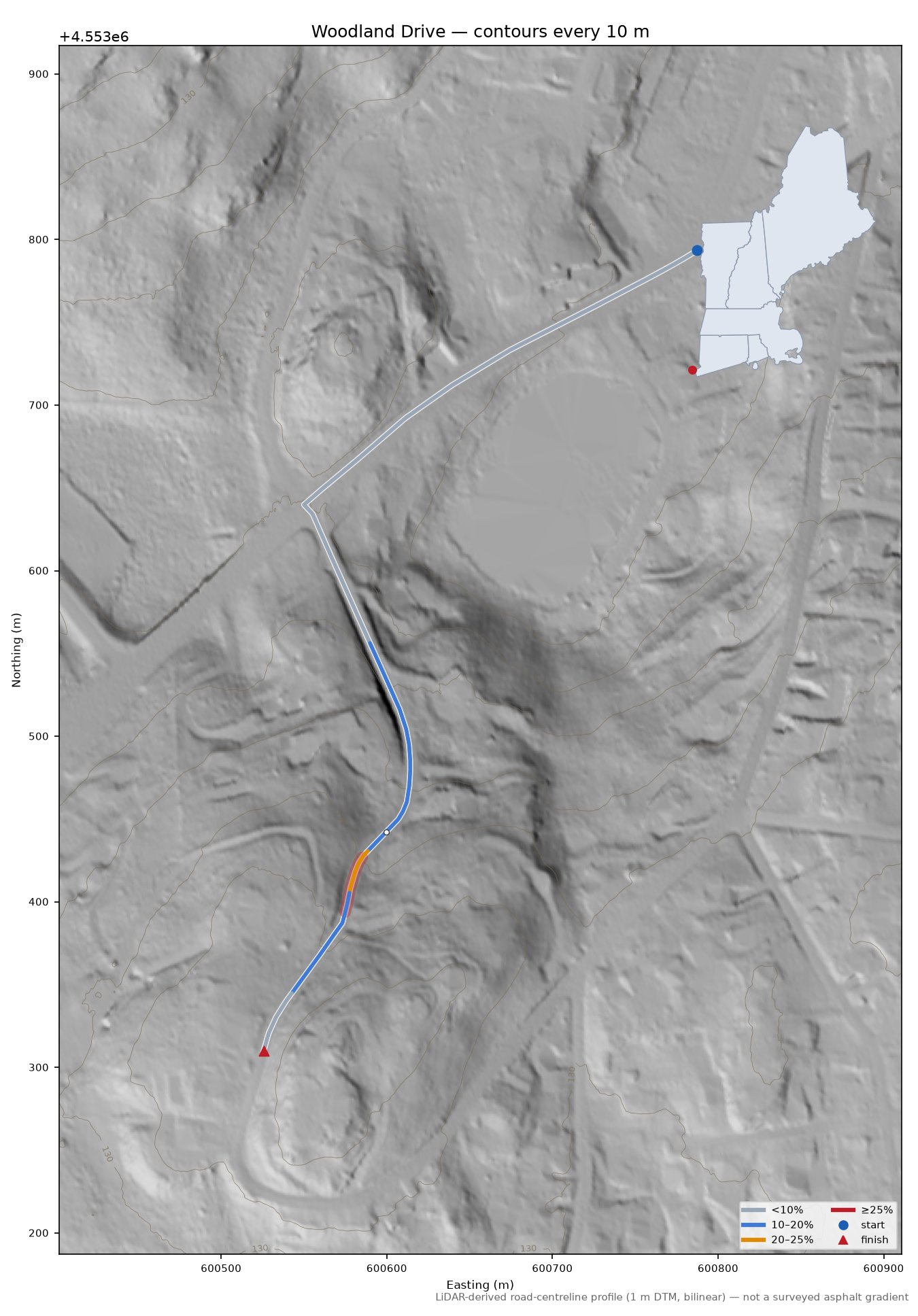 Woodland Drive LiDAR hillshade map with contours