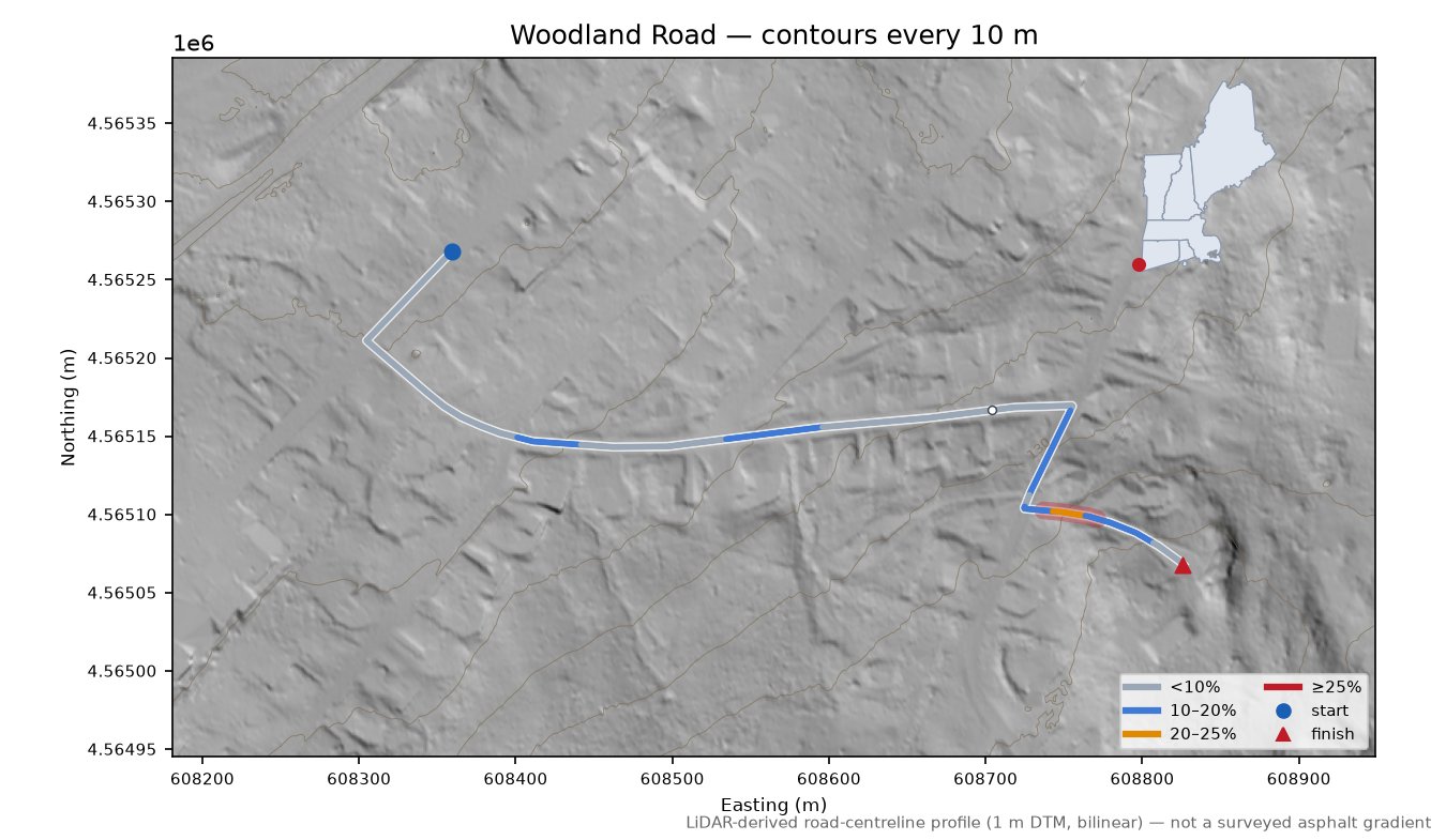 Woodland Road LiDAR hillshade map with contours