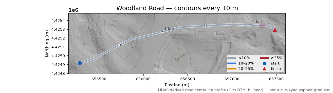 Woodland Road LiDAR hillshade map with contours