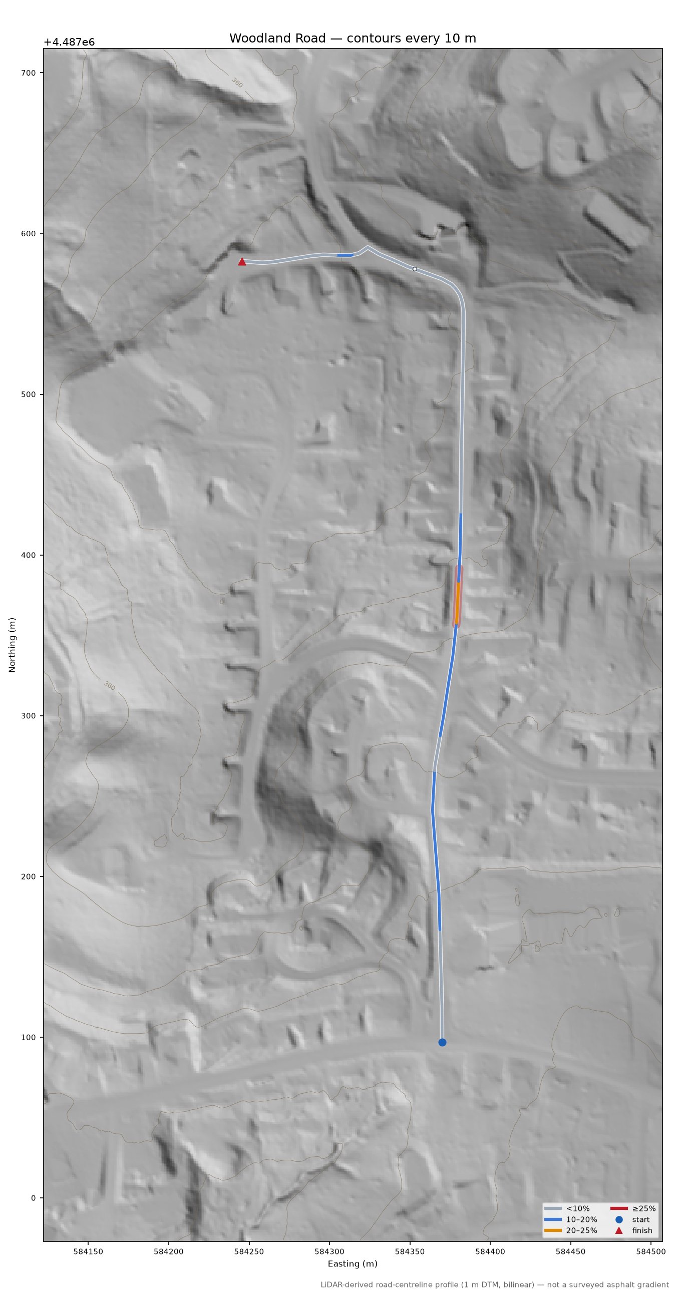 Woodland Road LiDAR hillshade map with contours