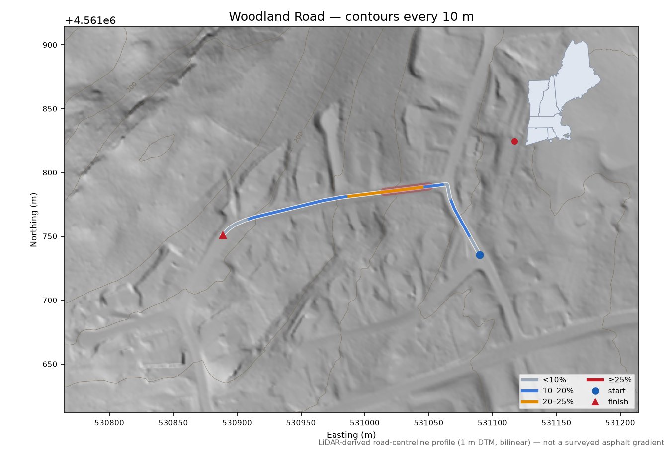 Woodland Road LiDAR hillshade map with contours