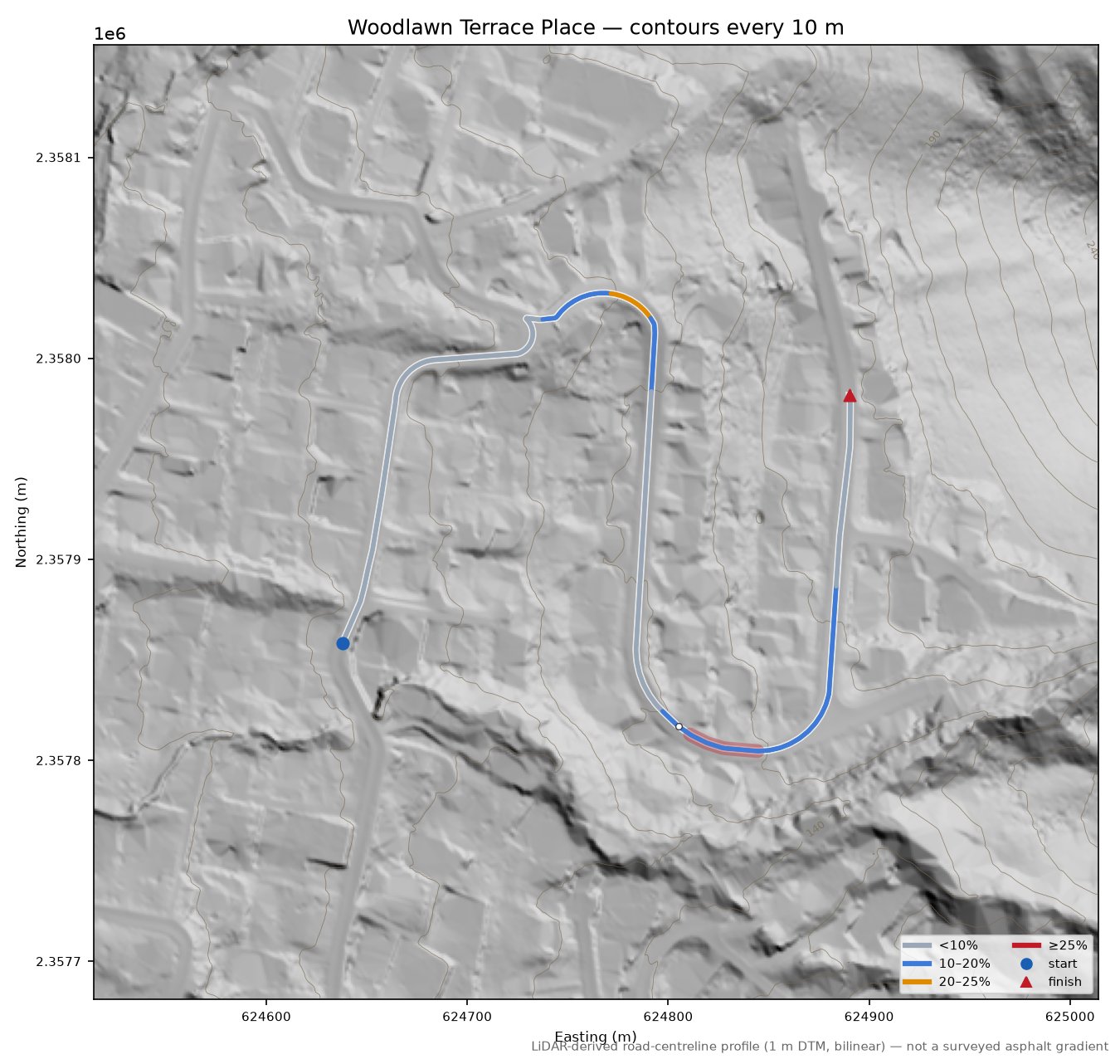 Woodlawn Terrace Place LiDAR hillshade map with contours