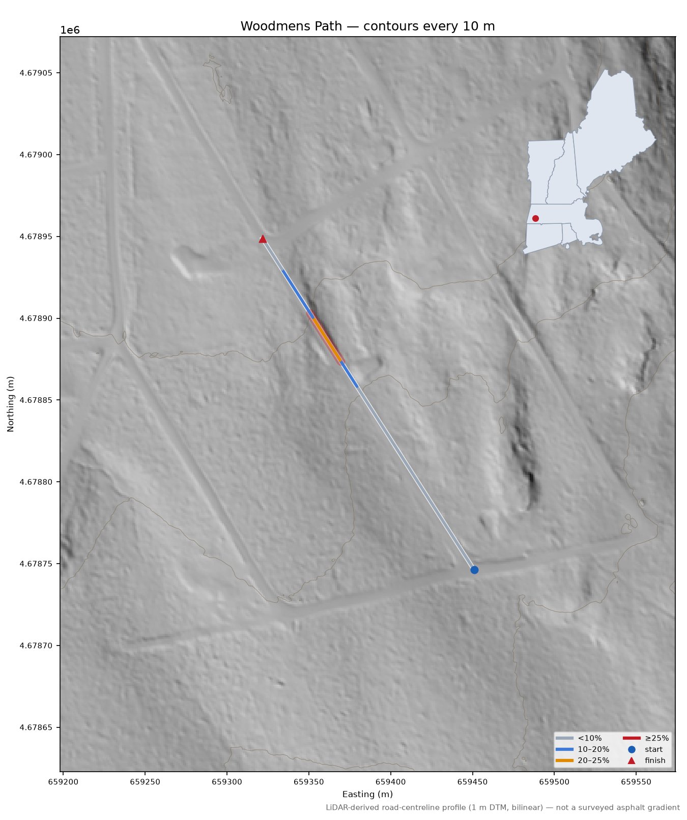 Woodmens Path LiDAR hillshade map with contours