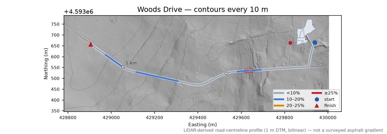 Woods Drive LiDAR hillshade map with contours