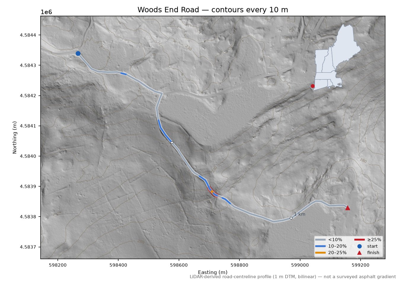 Woods End Road LiDAR hillshade map with contours