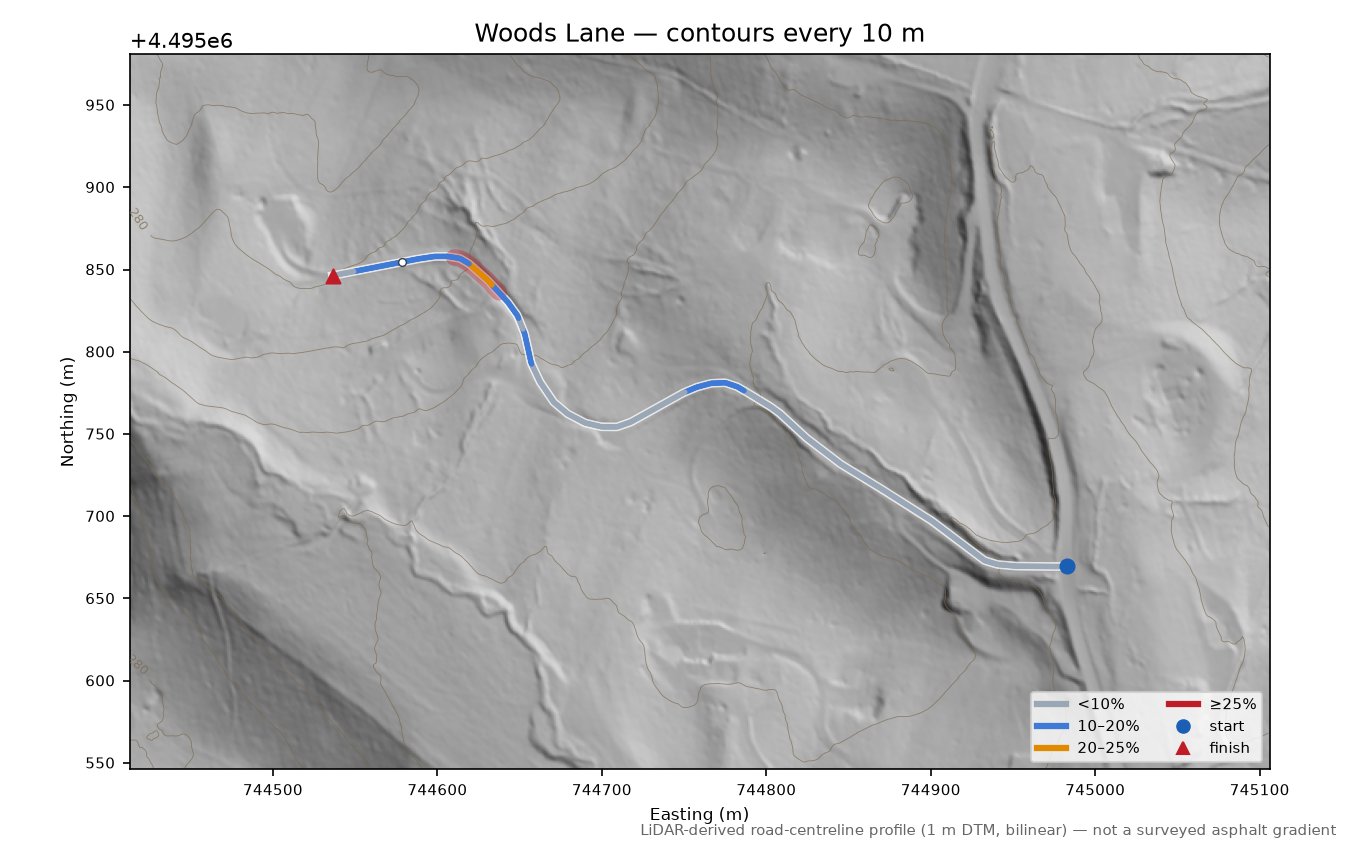 Woods Lane LiDAR hillshade map with contours