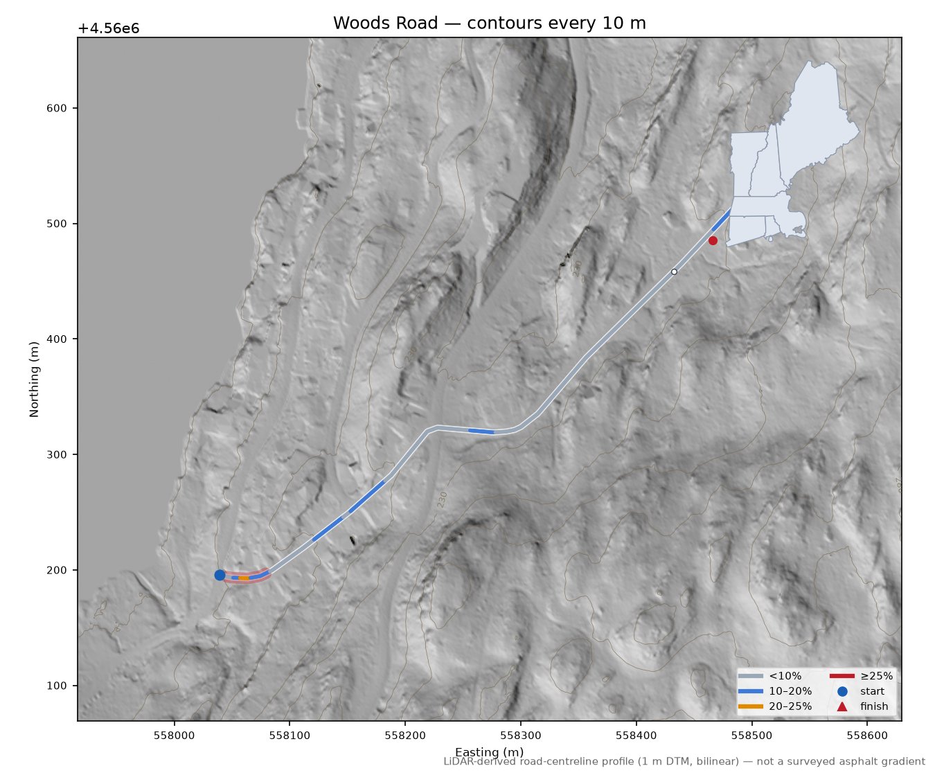 Woods Road LiDAR hillshade map with contours