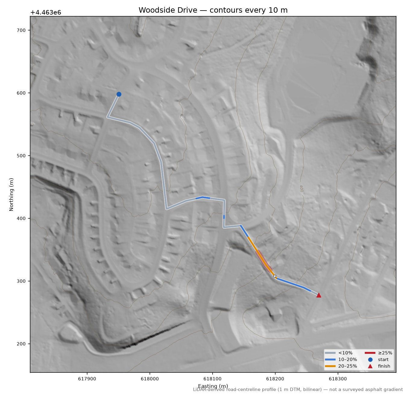 Woodside Drive LiDAR hillshade map with contours