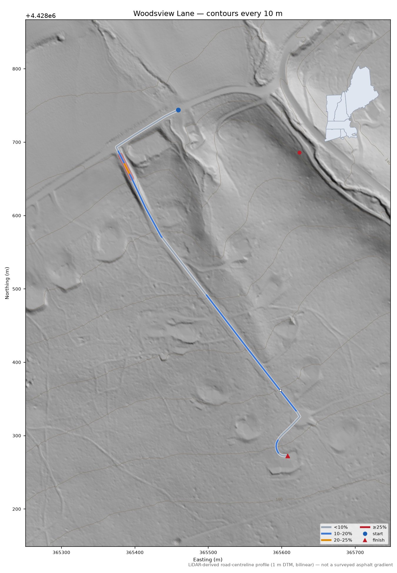 Woodsview Lane LiDAR hillshade map with contours