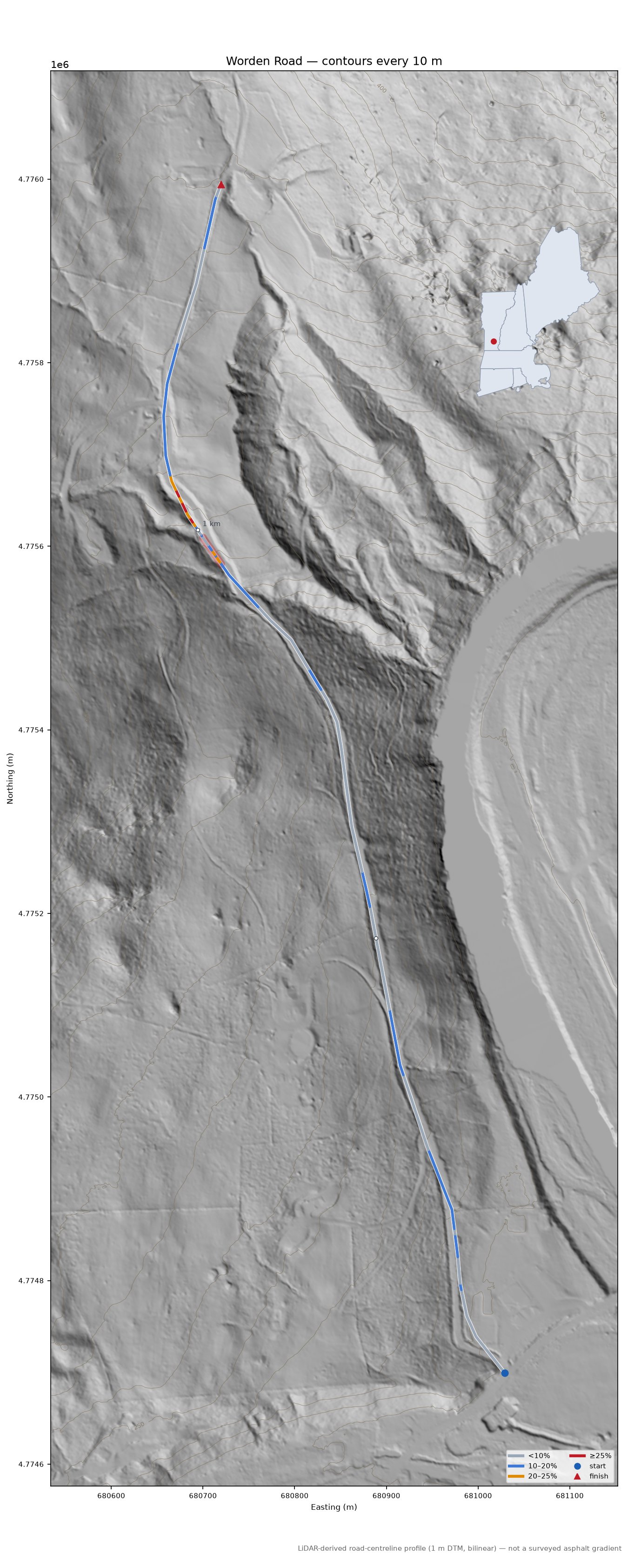 Worden Road LiDAR hillshade map with contours