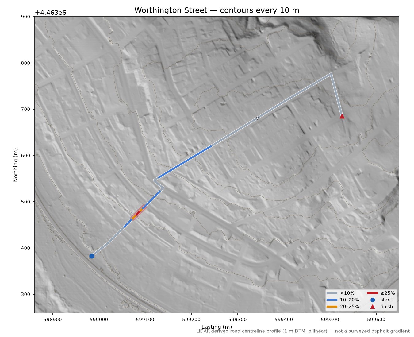 Worthington Street LiDAR hillshade map with contours