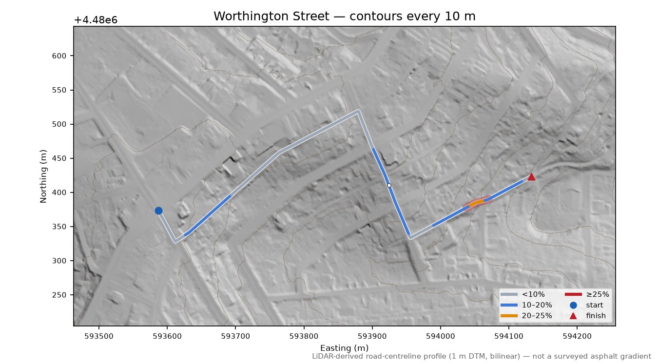 Worthington Street LiDAR hillshade map with contours