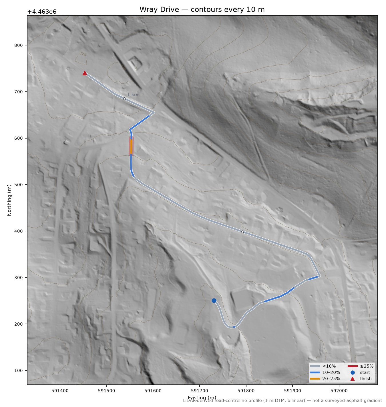 Wray Drive LiDAR hillshade map with contours