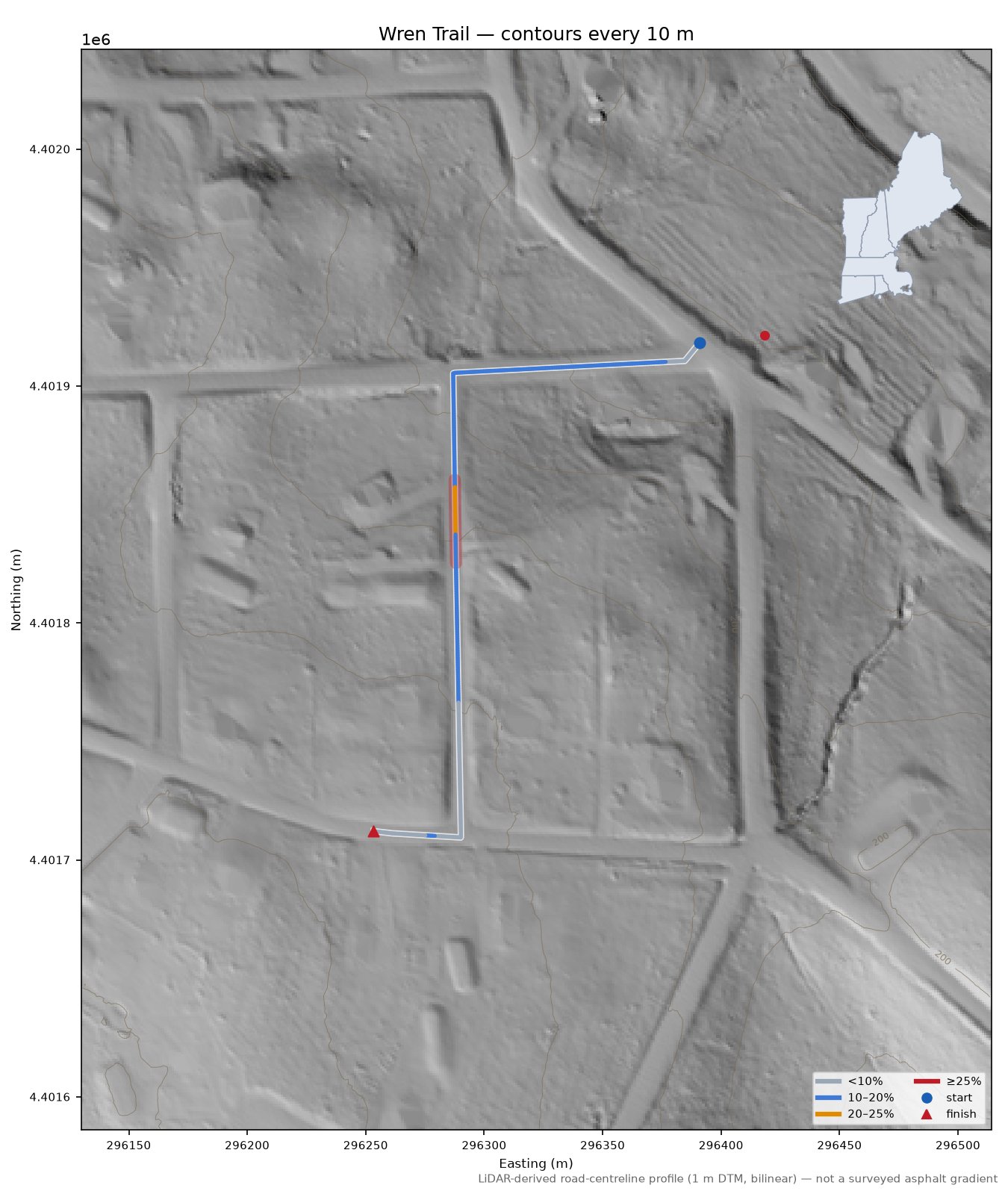 Wren Trail LiDAR hillshade map with contours