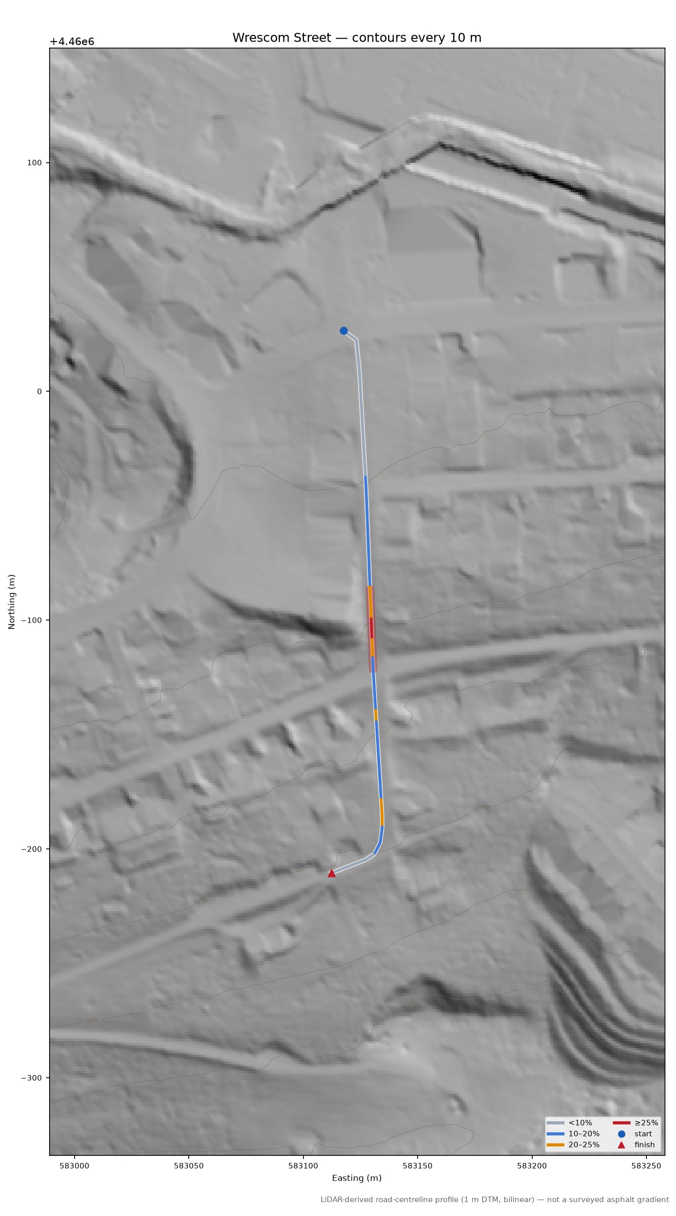 Wrescom Street LiDAR hillshade map with contours