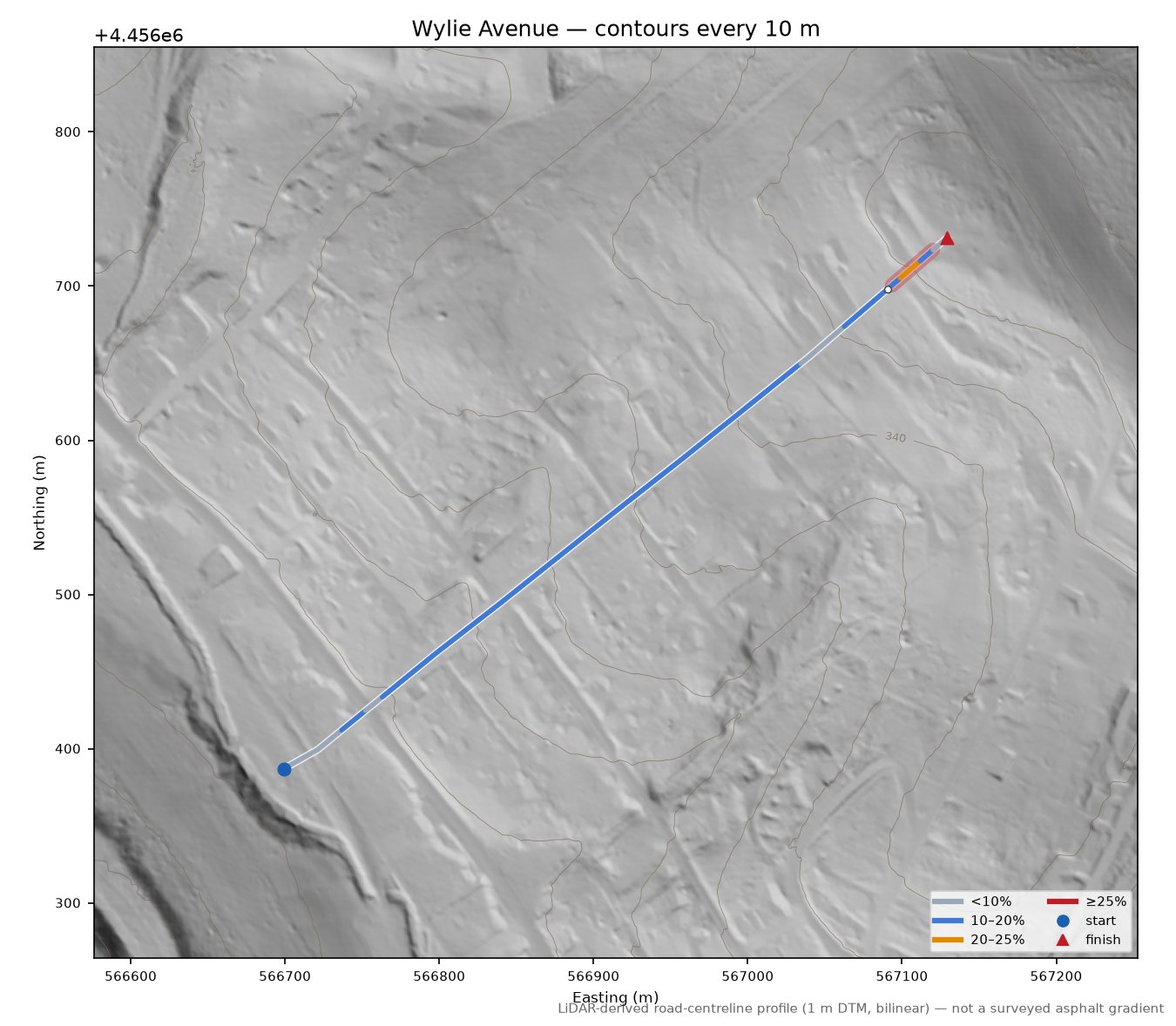 Wylie Avenue LiDAR hillshade map with contours