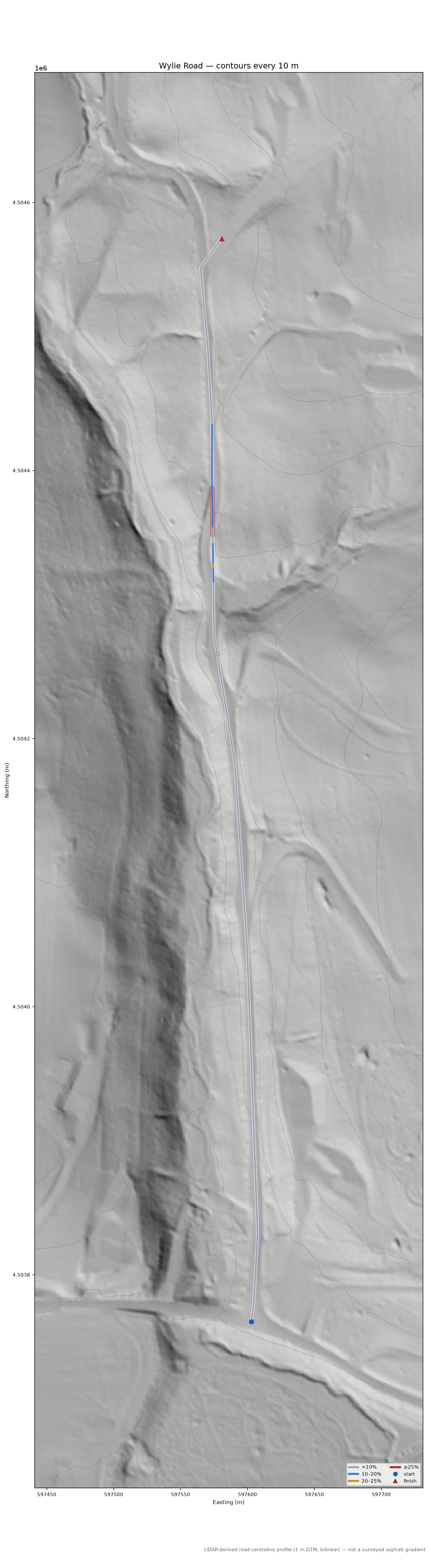 Wylie Road LiDAR hillshade map with contours