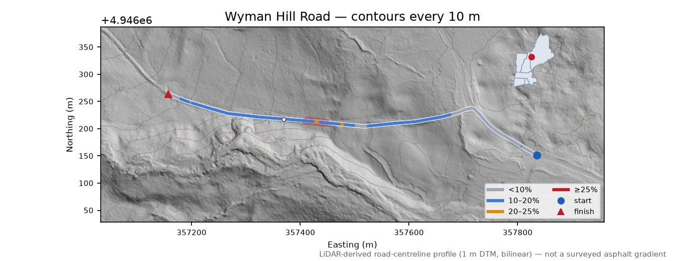 Wyman Hill Road LiDAR hillshade map with contours