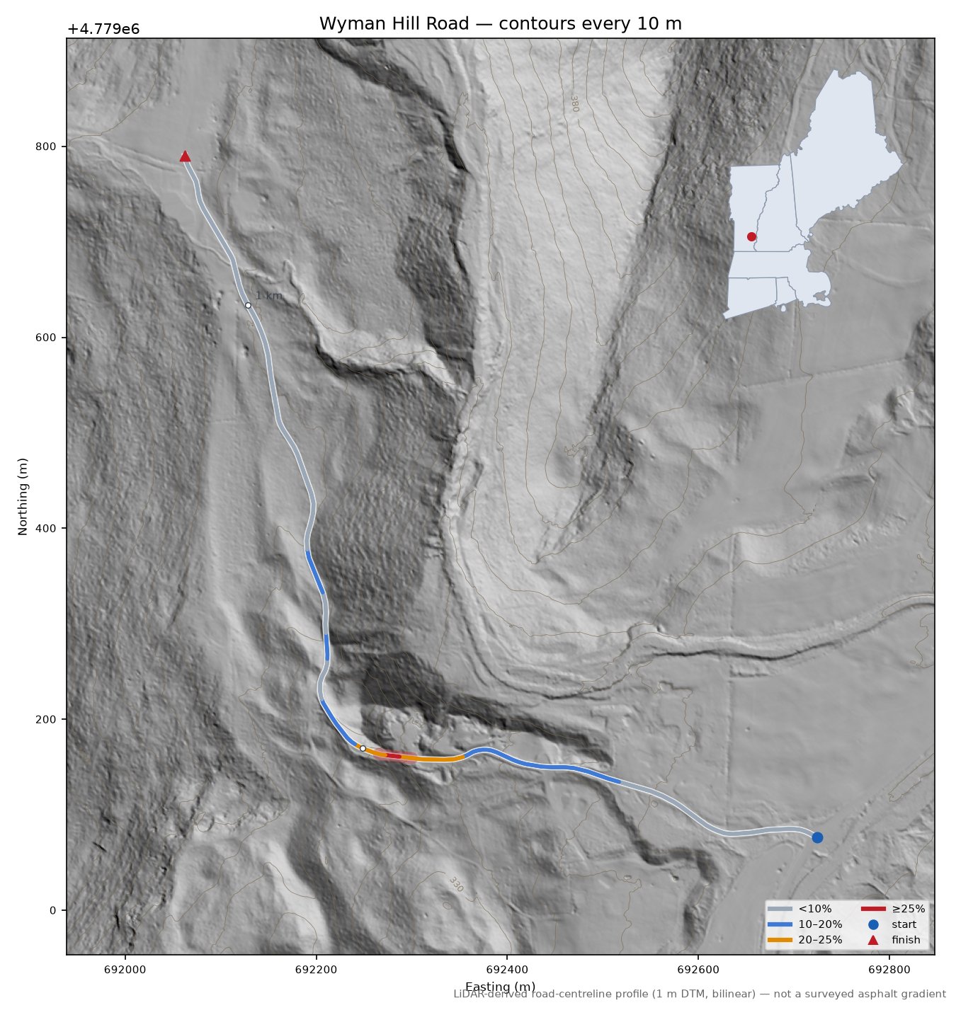 Wyman Hill Road LiDAR hillshade map with contours