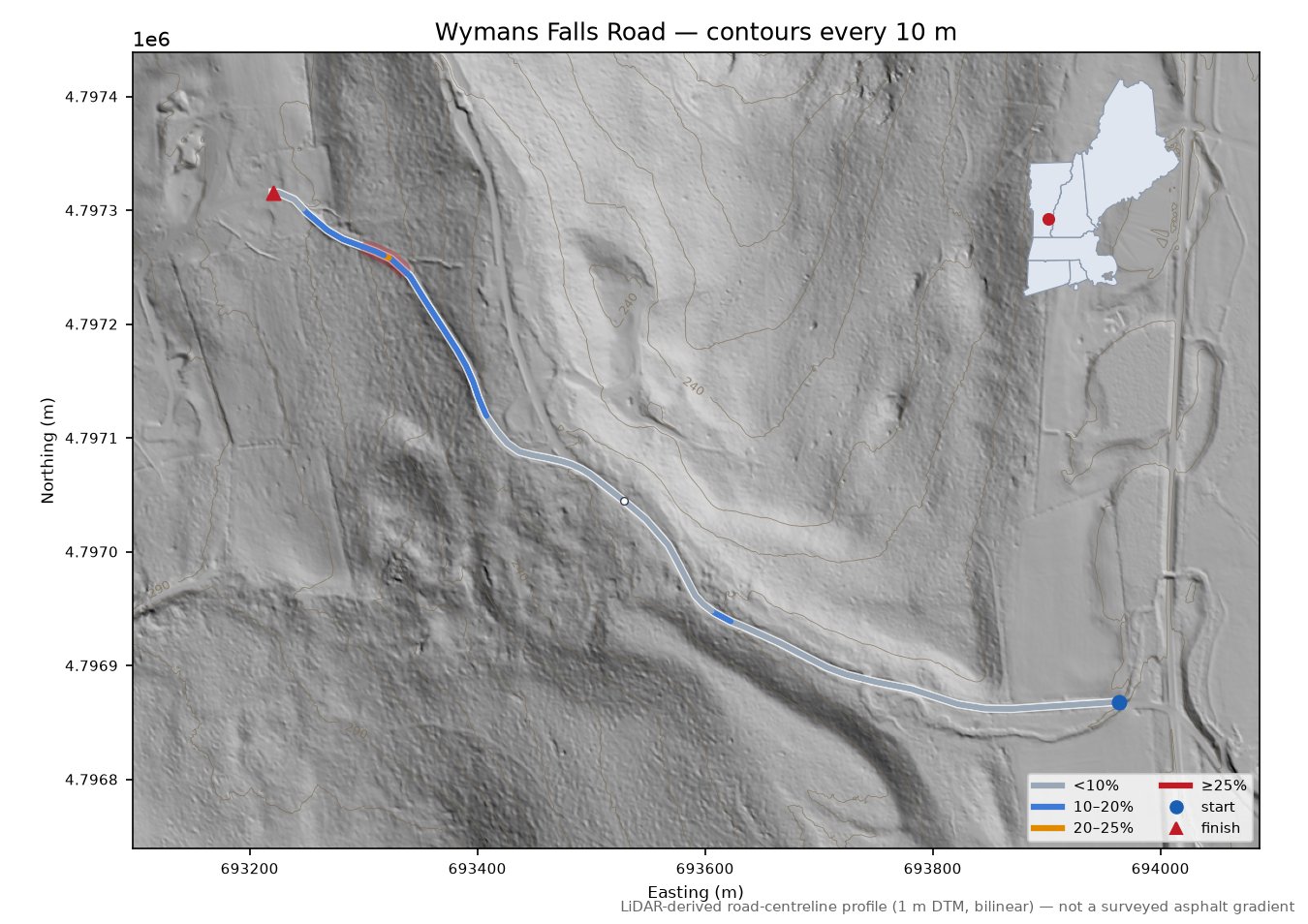 Wymans Falls Road LiDAR hillshade map with contours