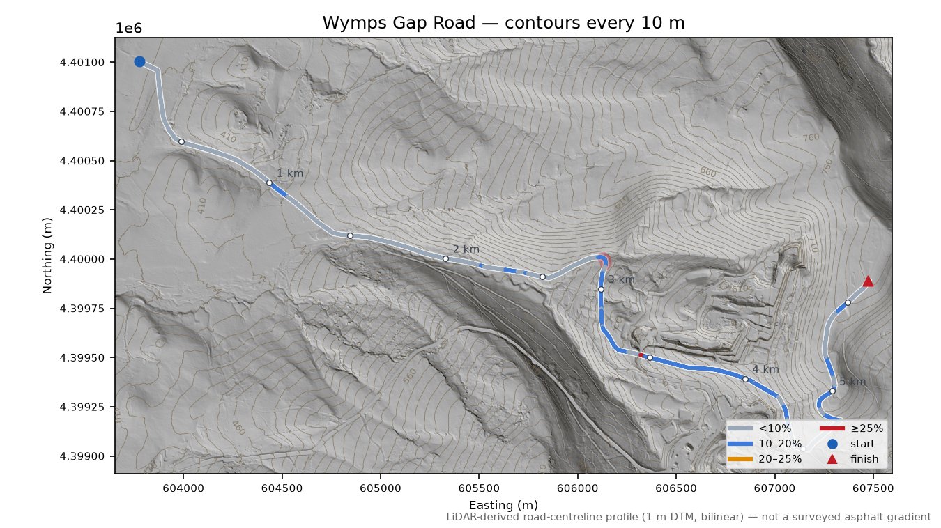 Wymps Gap Road LiDAR hillshade map with contours