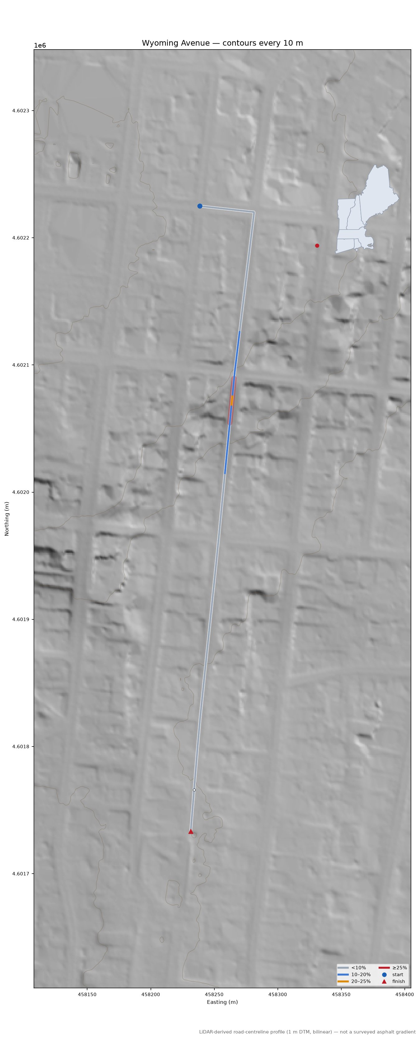 Wyoming Avenue LiDAR hillshade map with contours