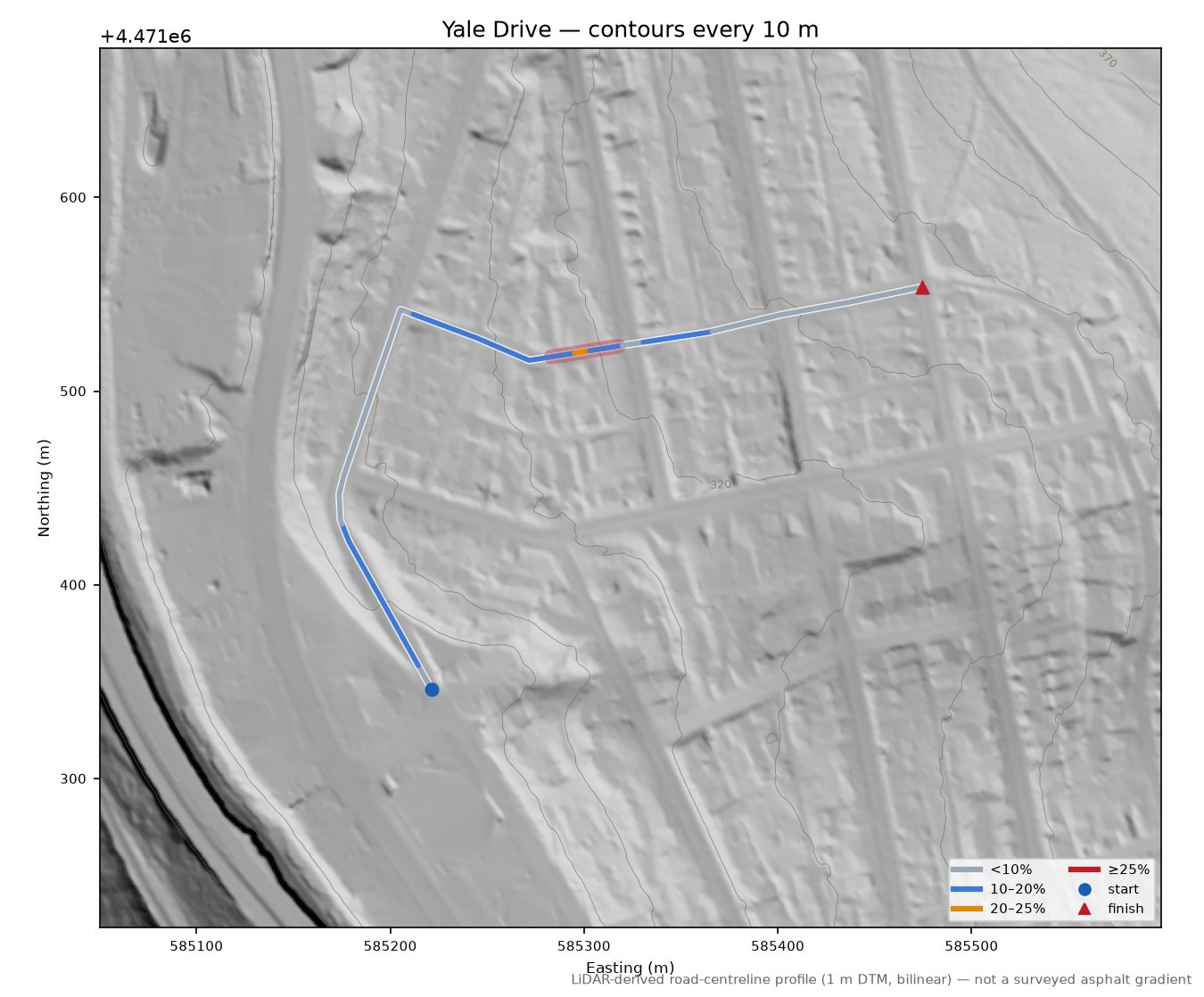 Yale Drive LiDAR hillshade map with contours