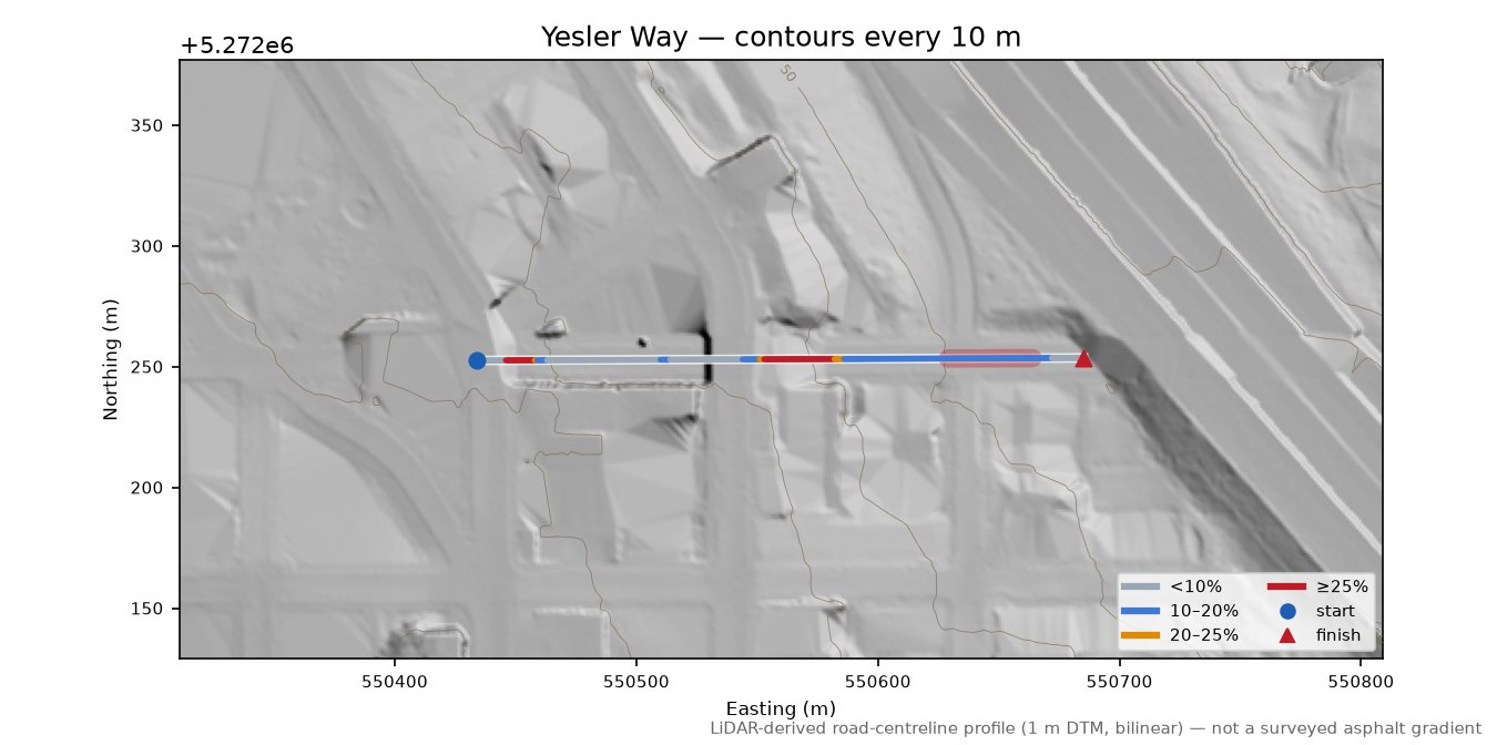 Yesler Way LiDAR hillshade map with contours