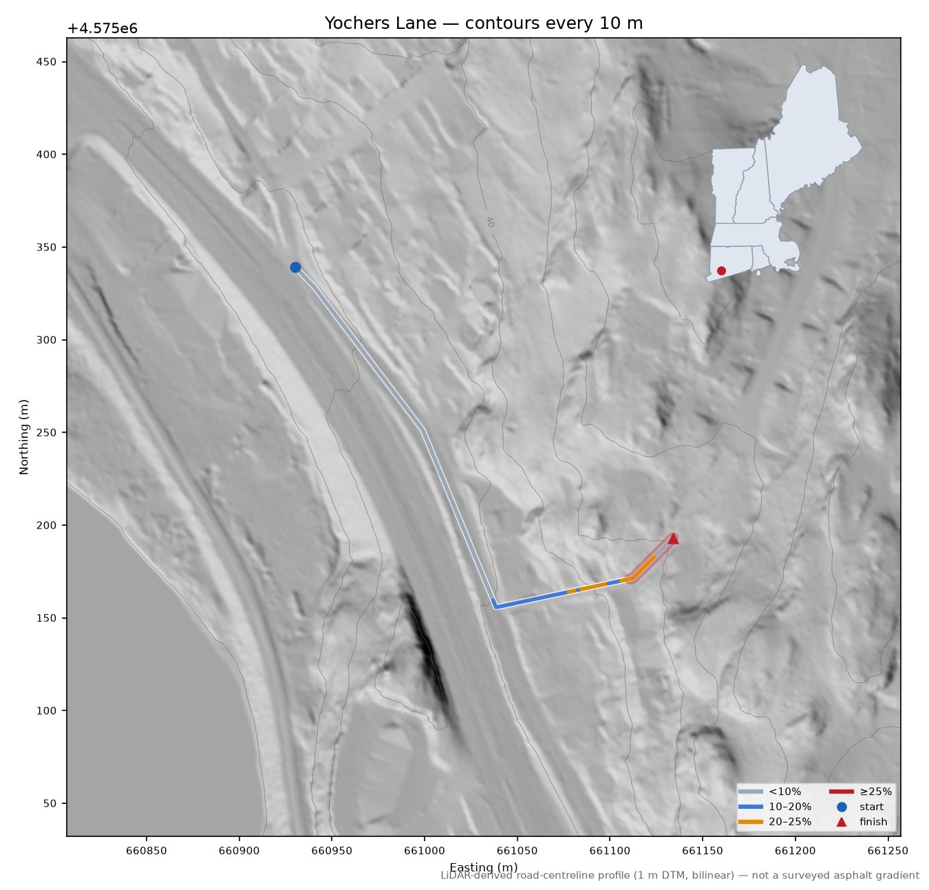 Yochers Lane LiDAR hillshade map with contours
