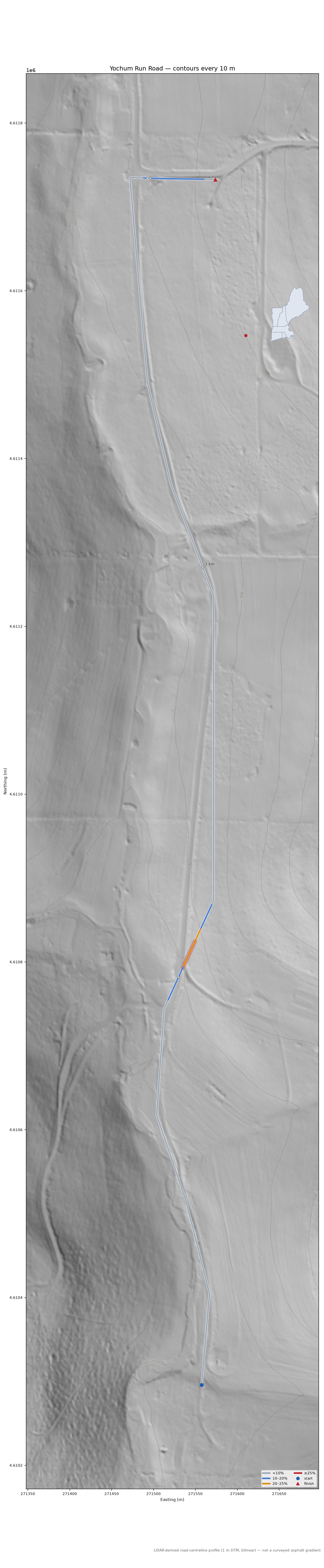 Yochum Run Road LiDAR hillshade map with contours