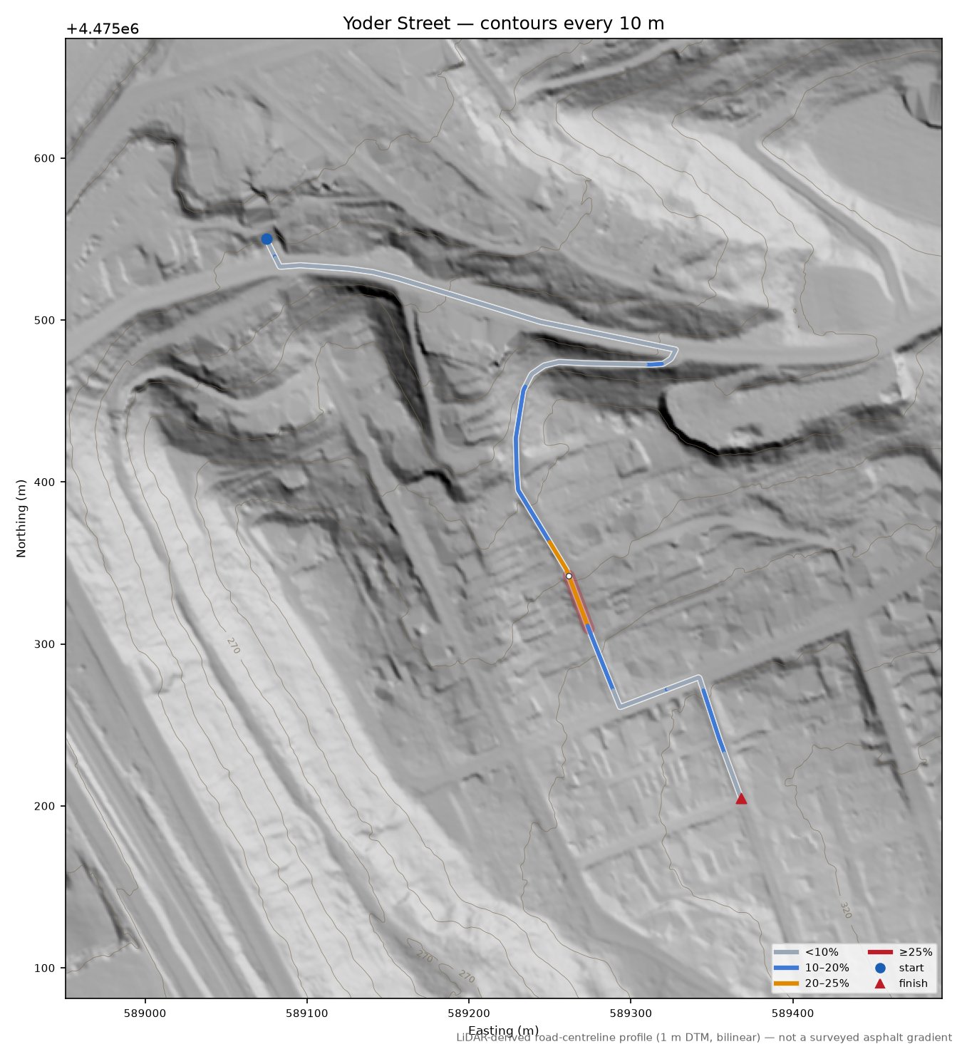 Yoder Street LiDAR hillshade map with contours