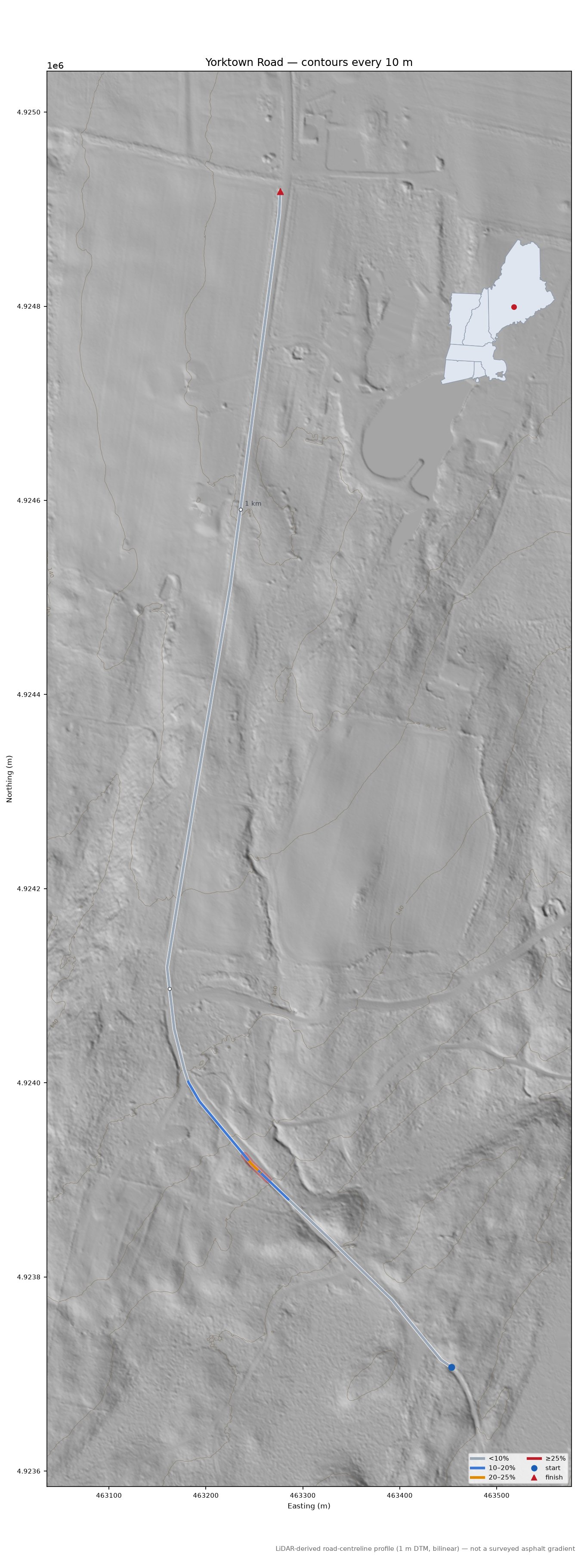 Yorktown Road LiDAR hillshade map with contours