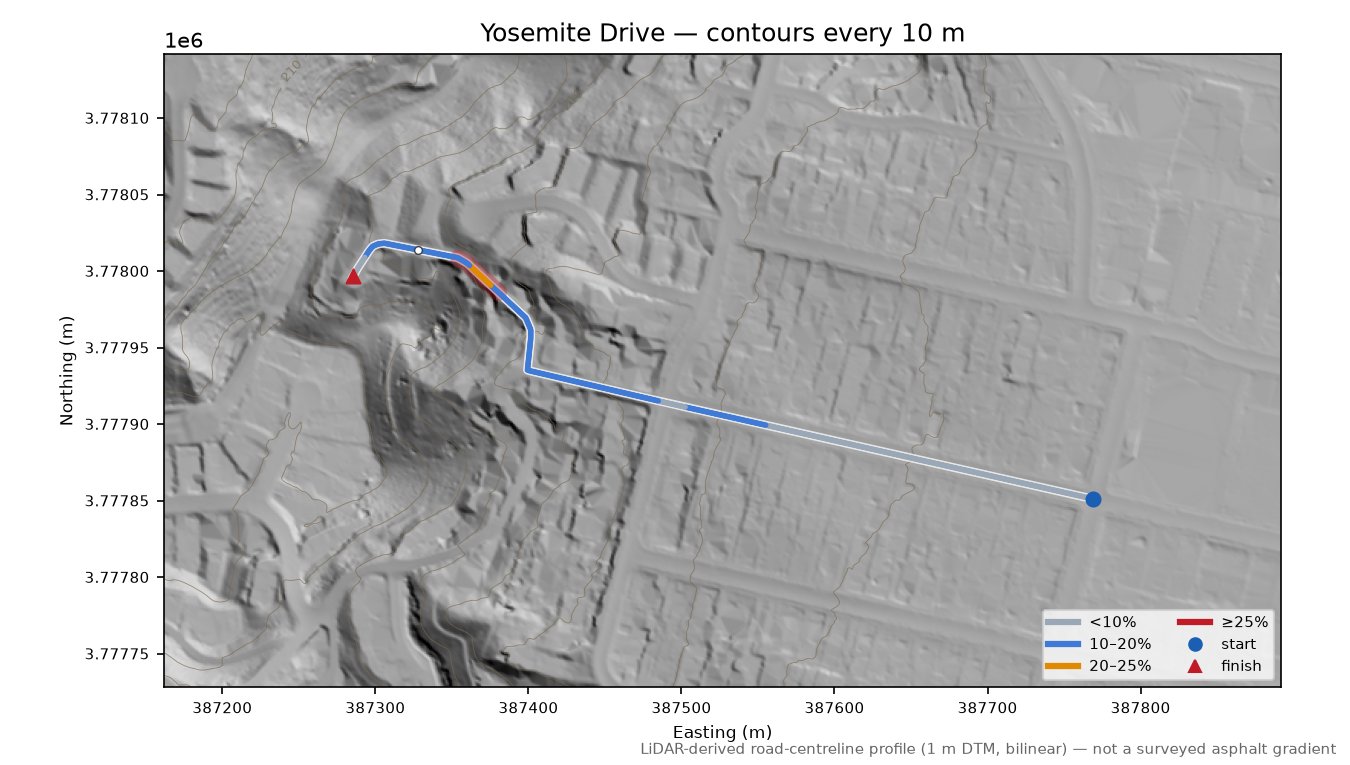 Yosemite Drive LiDAR hillshade map with contours
