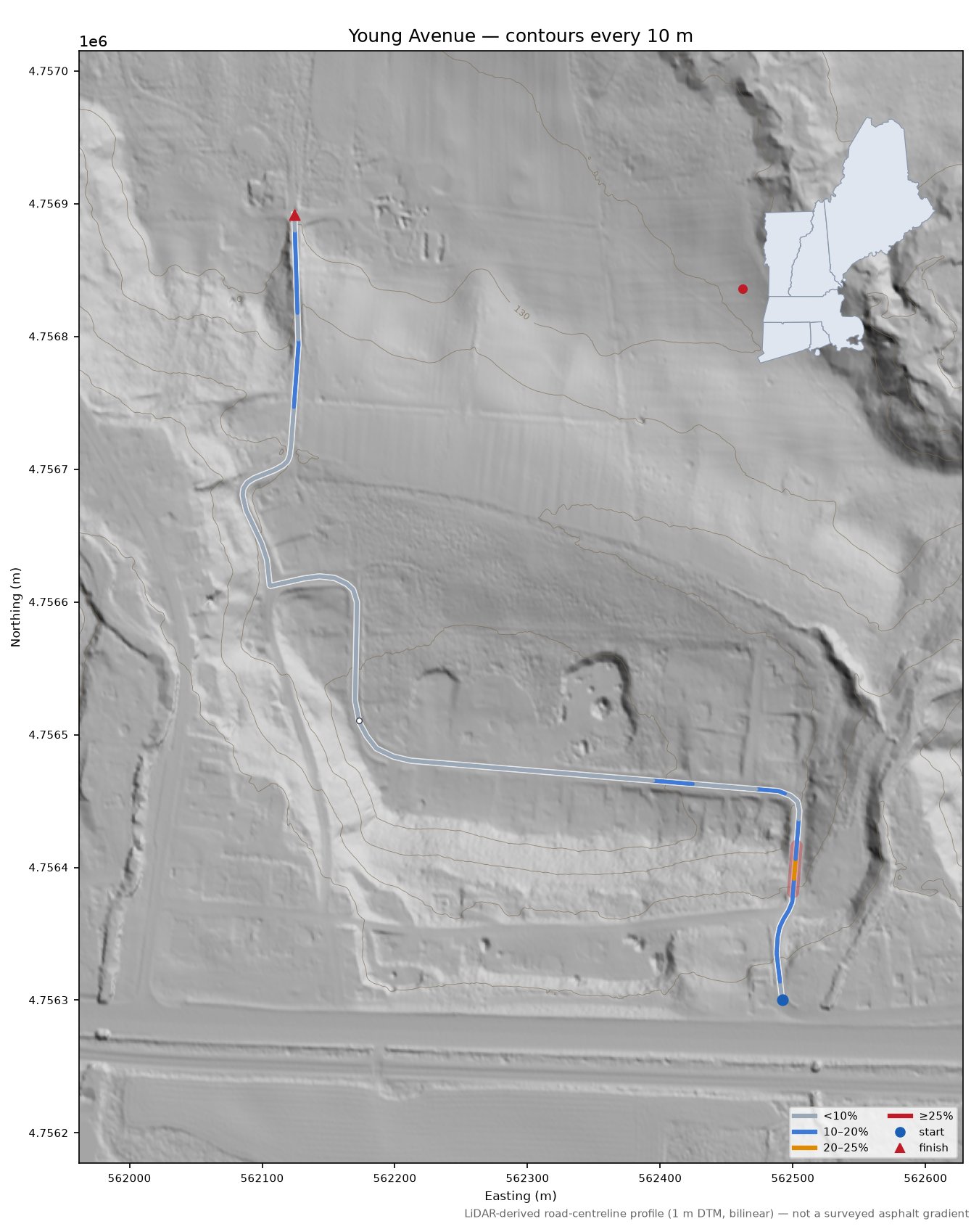 Young Avenue LiDAR hillshade map with contours
