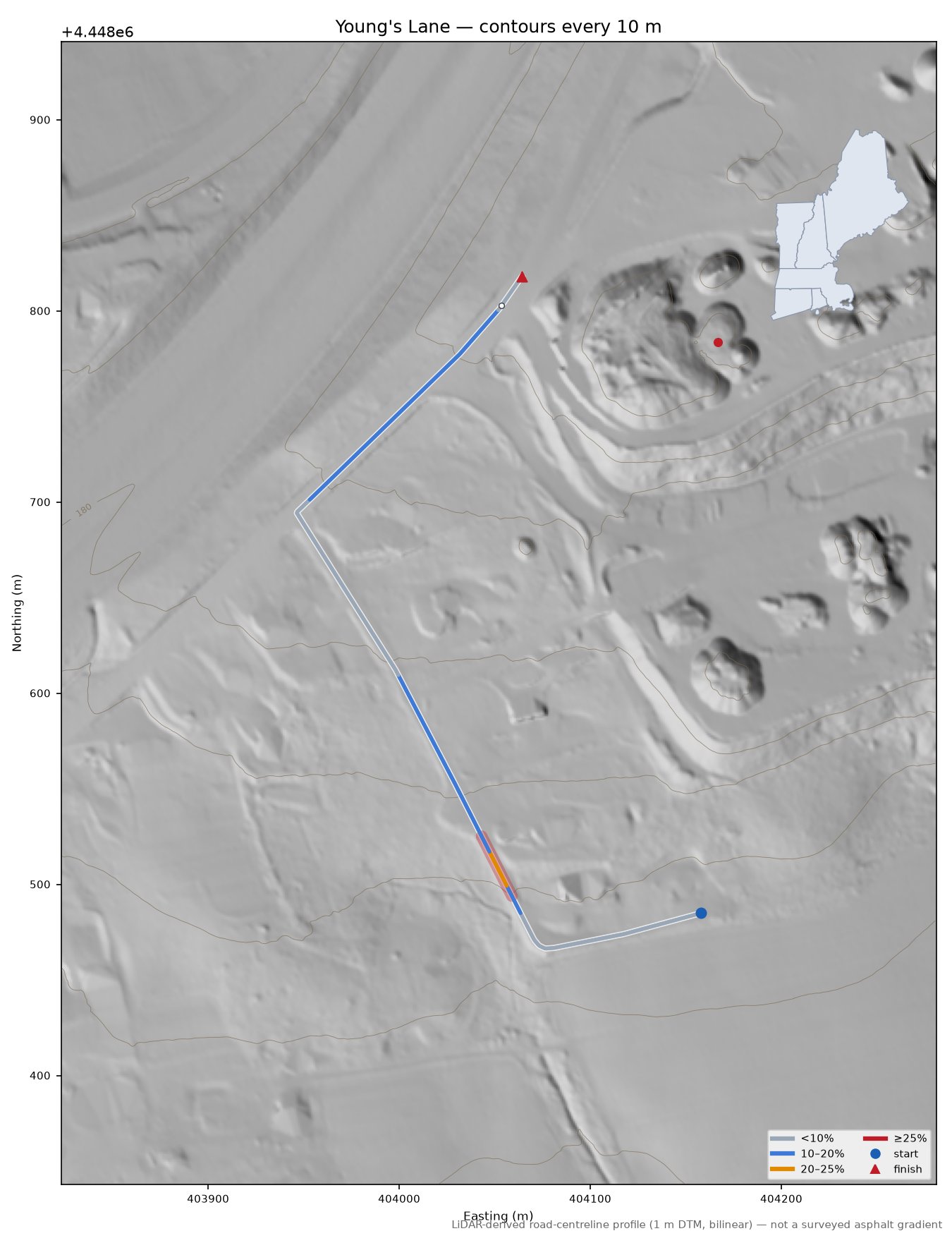 Young's Lane LiDAR hillshade map with contours